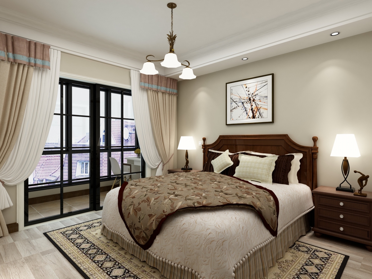 2017美式风格温馨卧室灰色窗帘装修效果图片 – 设计本装修效果图